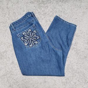 DB Established 1962 Women's Size 16 Mid Rise Embroider 5 Pocket Blue Denim Capri